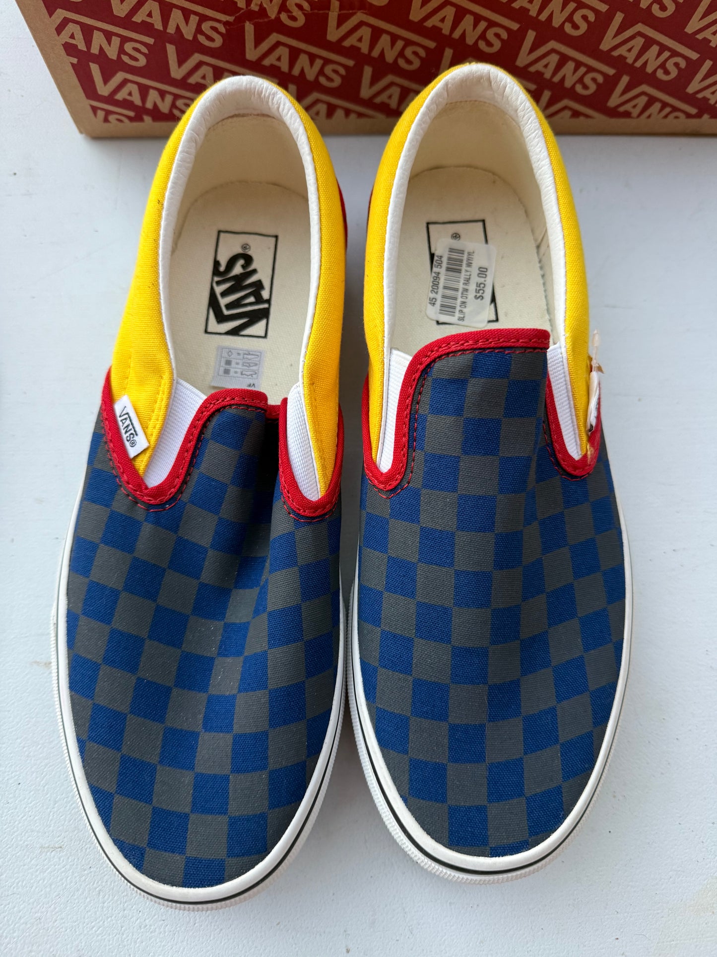 Van Classic slip-on Rally yellow/blue/ red Men’s 8.5 Women 10