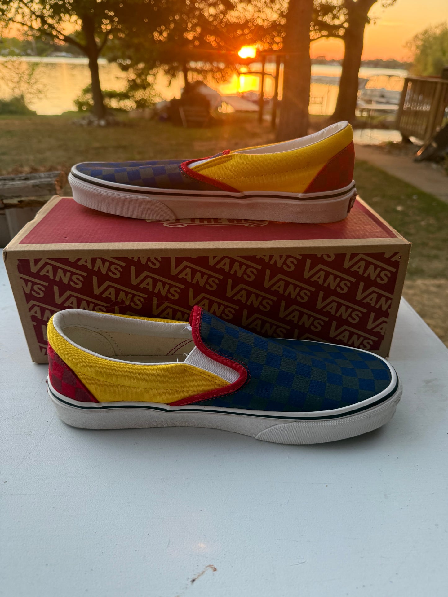 Van Classic slip-on Rally yellow/blue/ red Men’s 8.5 Women 10