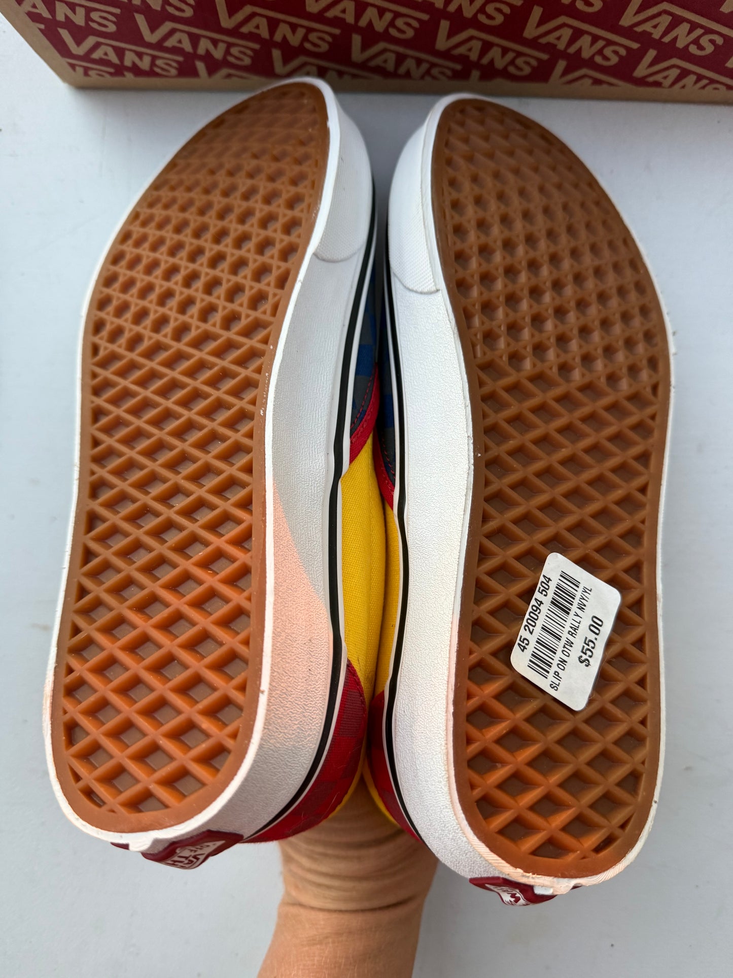 Van Classic slip-on Rally yellow/blue/ red Men’s 8.5 Women 10