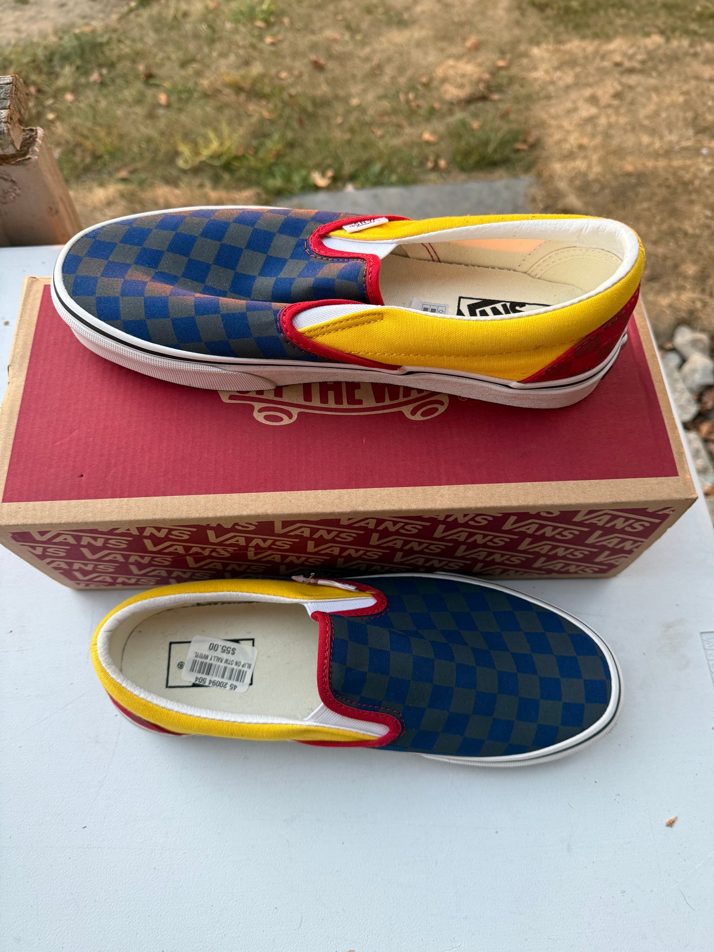 Van Classic slip-on Rally yellow/blue/ red Men’s 8.5 Women 10