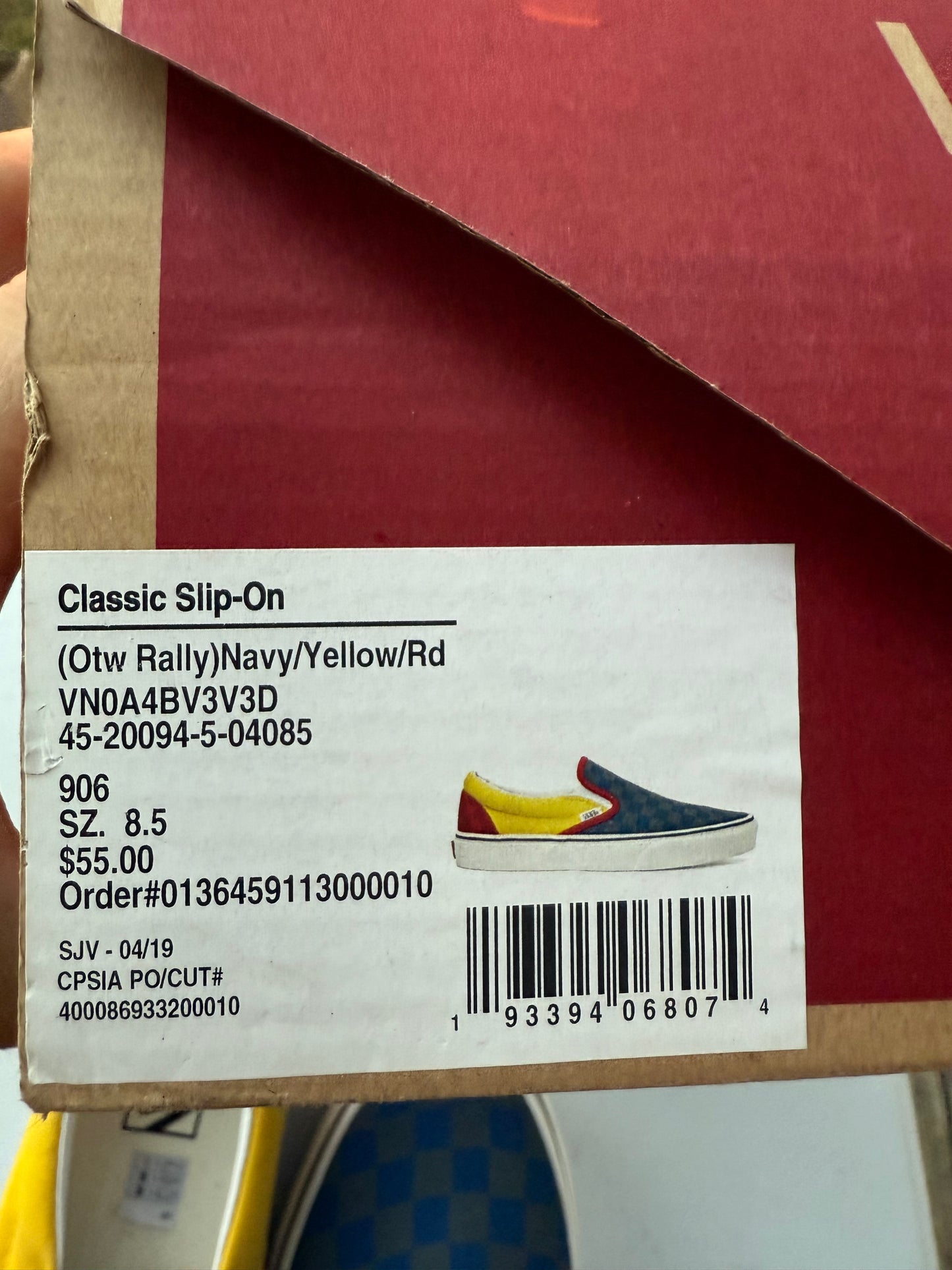 Van Classic slip-on Rally yellow/blue/ red Men’s 8.5 Women 10